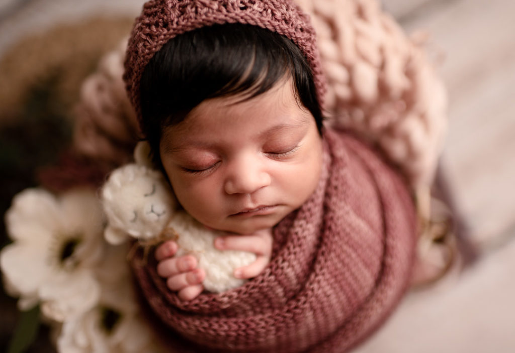 Lansing Newborn Photographer For The Love Of Photography Picture of Newborn Girl Wrapped and Posed With Lovie