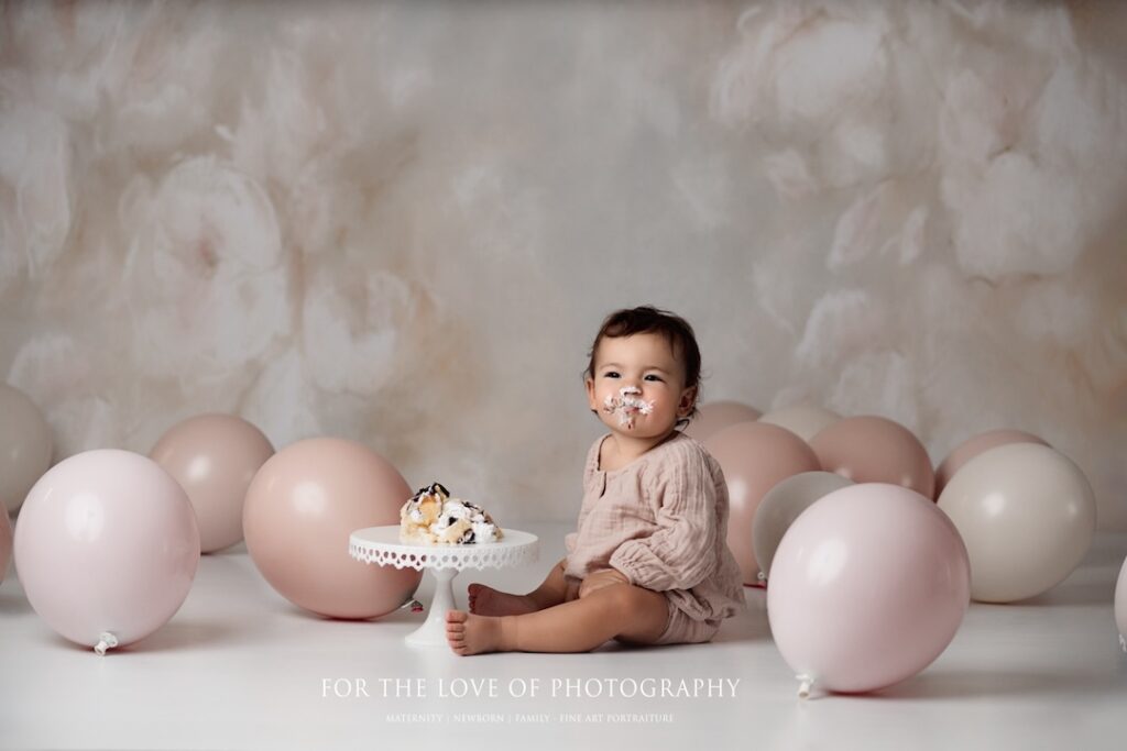 Toddler photo session with cake face by For The Love Of Photography.